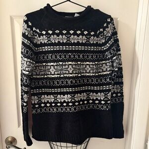 Cherokee Fair Isle Sweater Women's Medium Black Gray Nordic Crew Neck